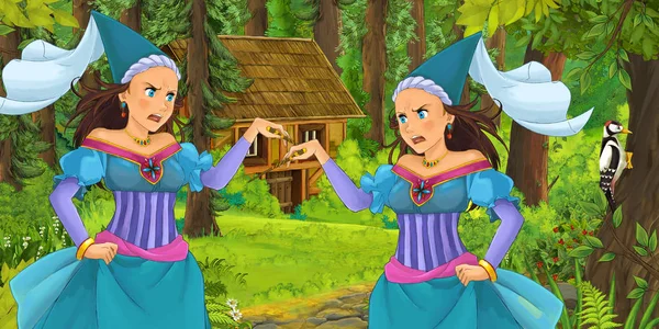 Kreslený Scény Šťastné Mladé Čarodějnice Dívka Lese Setkání Čarodějkou Skryté — Stock fotografie
