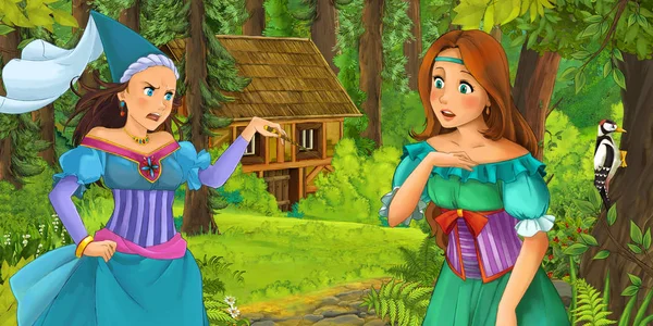 Kreskówka Scena Happy Młoda Dziewczyna Lesie Napotykają Czarodziejka Ukryte Drewniany — Zdjęcie stockowe