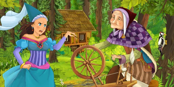 动画片场面与老巫婆在森林遇到巫婆隐藏的木房子 例证为孩子 — 图库照片