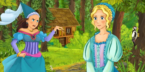 Zeichentrickszene Mit Glücklichem Jungen Mädchen Wald Das Der Zauberin Versteckten — Stockfoto