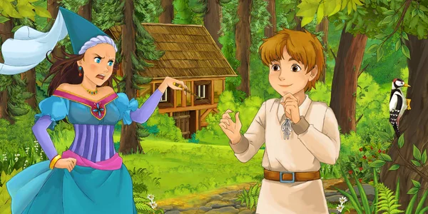 Scène Dessin Animé Avec Jeune Prince Voyageant Rencontrant Une Princesse — Photo