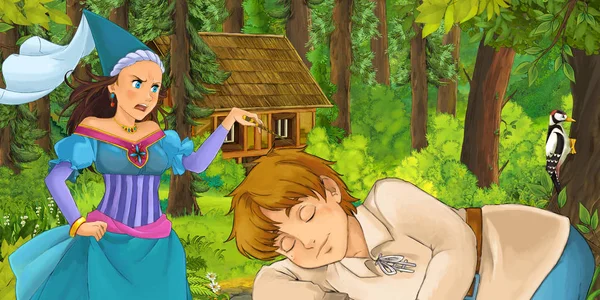 Kreskówka Scena Młody Książę Podróży Napotykają Księżniczka Czarodziejka Ukryte Drewniany — Zdjęcie stockowe