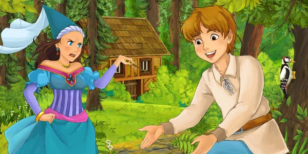 Scène Dessin Animé Avec Jeune Prince Voyageant Rencontrant Une Princesse — Photo