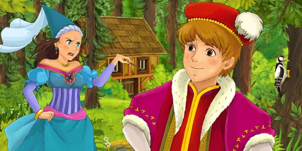 Cartoon Scene Young Prince Traveling Encountering Princess Sorceress Hidden Wooden — Stock Photo, Image