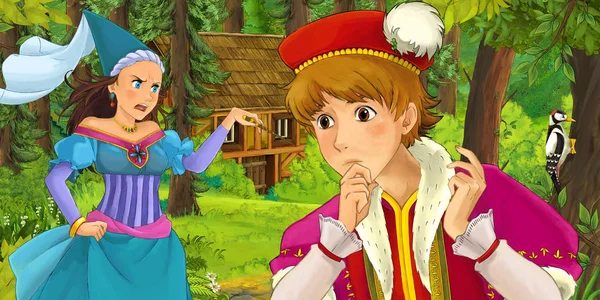 Cartoon Scene Young Prince Traveling Encountering Princess Sorceress Hidden Wooden — Stock Photo, Image