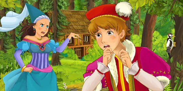 cartoon scene with young prince traveling and encountering princess sorceress and hidden wooden house in the forest - illustration for children