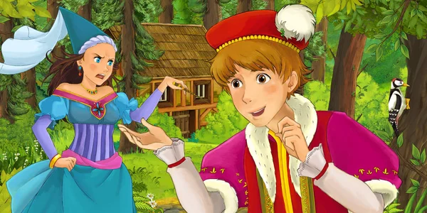 Cartoon Scene Young Prince Traveling Encountering Princess Sorceress Hidden Wooden — Stock Photo, Image