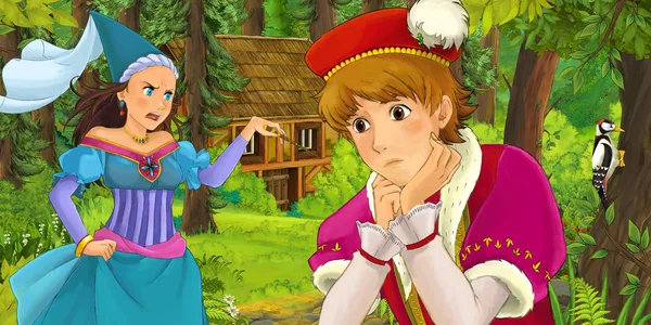 cartoon scene with young prince traveling and encountering princess sorceress and hidden wooden house in the forest - illustration for children