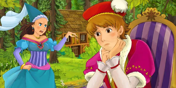Escena Dibujos Animados Con Joven Príncipe Viajando Encontrándose Con Princesa — Foto de Stock