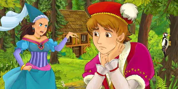 卡通场景与年轻的王子旅行和遇到公主女巫和隐藏的木结构房子在森林 例证为孩子 — 图库照片