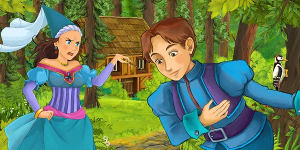 Kreslený Scény Mladý Princ Cestuje Princezna Kouzelnice Skryté Dřevěný Dům — Stock fotografie