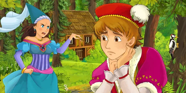 Escena Dibujos Animados Con Joven Príncipe Viajando Encontrándose Con Princesa — Foto de Stock