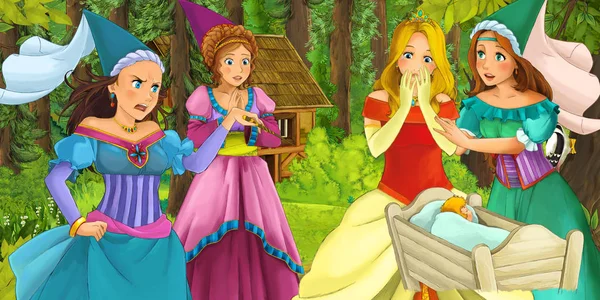 Γελοιογραφία Σκηνή Happy Νεαρό Κορίτσι Στο Δάσος Συναντά Κρυφά Ξύλινο — Φωτογραφία Αρχείου