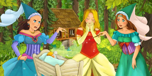 마법사 숨겨진된 어린이 그림을 숲에서 소녀와 — 스톡 사진