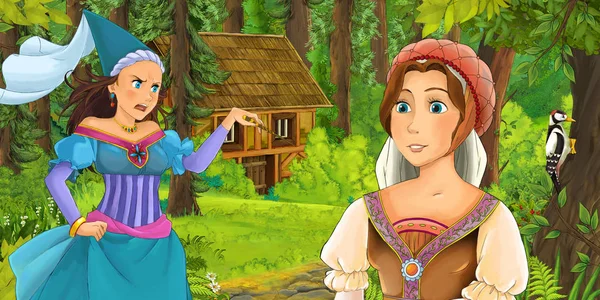 Γελοιογραφία Σκηνή Happy Νεαρό Κορίτσι Στο Δάσος Συναντά Κρυφά Ξύλινο — Φωτογραφία Αρχείου