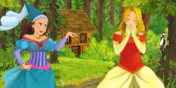 卡通场景与快乐的年轻女孩在森林中遇到女巫隐藏的木房子 插图为孩子们 — 图库照片