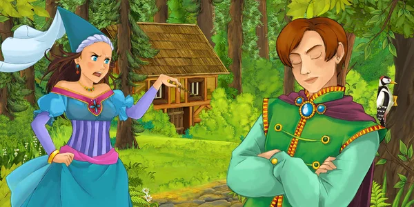 Cartoon Scene Young Prince Traveling Encountering Princess Sorceress Hidden Wooden — Stock Photo, Image