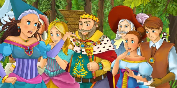 卡通场景与年轻的王子旅行与家人和遇到公主女巫女巫和隐藏的木结构房子在森林 插图为孩子 — 图库照片