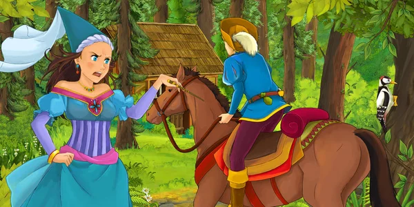 Cartoon Scene Young Prince Traveling Encountering Princess Sorceress Hidden Wooden — Stock Photo, Image