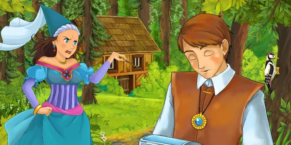 Cartoon Scene Young Prince Traveling Encountering Princess Sorceress Hidden Wooden — Stock Photo, Image