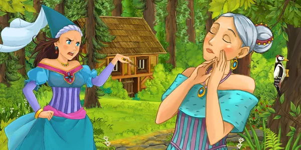 Мультяшная Сцена Счастливой Молодой Девушкой Лесу Встречая Колдунью Скрытый Деревянный — стоковое фото