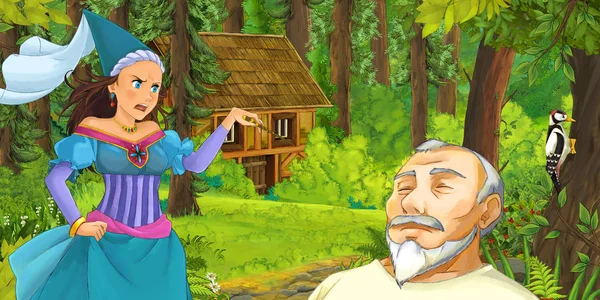 Kreslený Scény Mladý Princ Cestuje Princezna Kouzelnice Skryté Dřevěný Dům — Stock fotografie