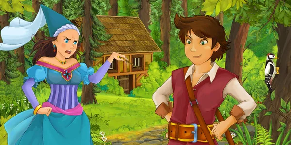 Cartoon Scene Young Prince Traveling Encountering Princess Sorceress Hidden Wooden — Stock Photo, Image