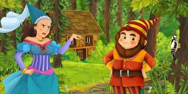 Cartoon Scene Happy Dwarf Traveling Encountering Princess Sorceress Hidden Wooden — Stock Photo, Image