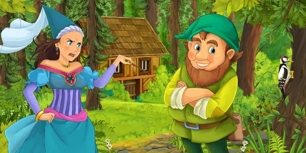 Cartoon Scene Happy Dwarf Traveling Encountering Princess Sorceress Hidden Wooden — Stock Photo, Image