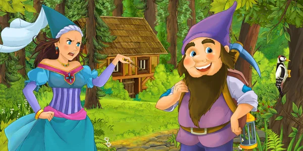 Cartoon Scene Happy Dwarf Traveling Encountering Princess Sorceress Hidden Wooden — Stock Photo, Image