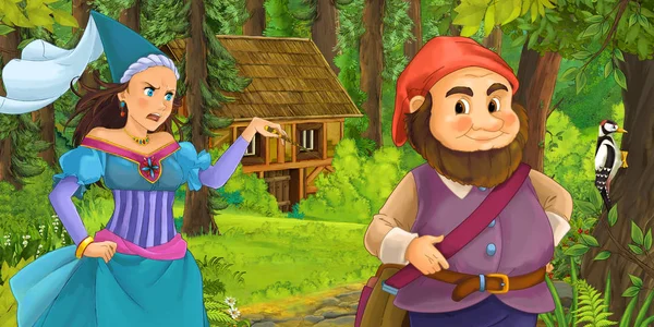 Cartoon Scene Happy Dwarf Traveling Encountering Princess Sorceress Hidden Wooden — Stock Photo, Image