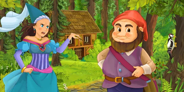 Zeichentrickszene Mit Glücklichen Zwergen Die Unterwegs Sind Und Prinzessin Zauberin — Stockfoto