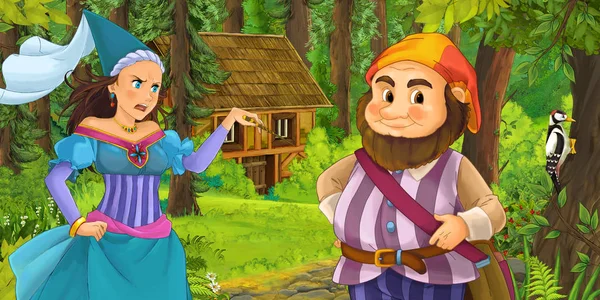 Cartoon Scene Happy Dwarf Traveling Encountering Princess Sorceress Hidden Wooden — Stock Photo, Image