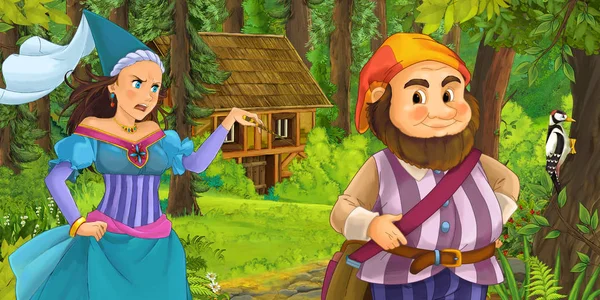 Zeichentrickszene Mit Glücklichen Zwergen Die Unterwegs Sind Und Prinzessin Zauberin — Stockfoto