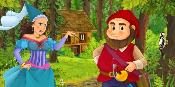 Cartoon Scene Happy Dwarf Traveling Encountering Princess Sorceress Hidden Wooden — Stock Photo, Image
