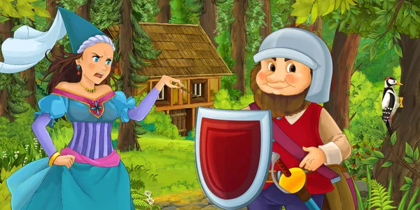 卡通场景与快乐的侏儒旅行和遇到公主女巫女巫和隐藏的木结构房子在森林 插图为孩子们 — 图库照片
