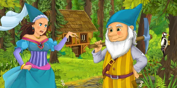 卡通场景与快乐的侏儒旅行和遇到公主女巫女巫和隐藏的木结构房子在森林 插图为孩子们 — 图库照片
