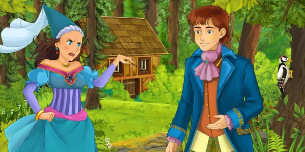Cartoon Scene Young Prince Traveling Encountering Princess Sorceress Hidden Wooden — Stock Photo, Image