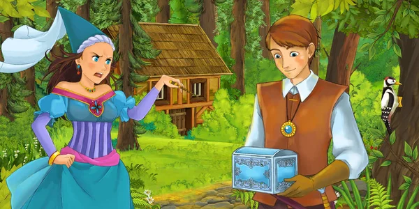 Cartoon Scene Young Prince Traveling Encountering Princess Sorceress Hidden Wooden — Stock Photo, Image