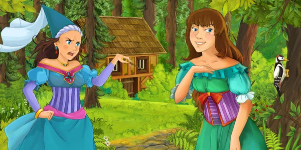 Cartoon Scen Med Glad Ung Flicka Skogen Stöter Sorceress Dolda — Stockfoto