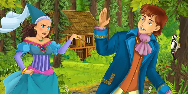 Cartoon Scene Young Prince Traveling Encountering Princess Sorceress Hidden Wooden — Stock Photo, Image