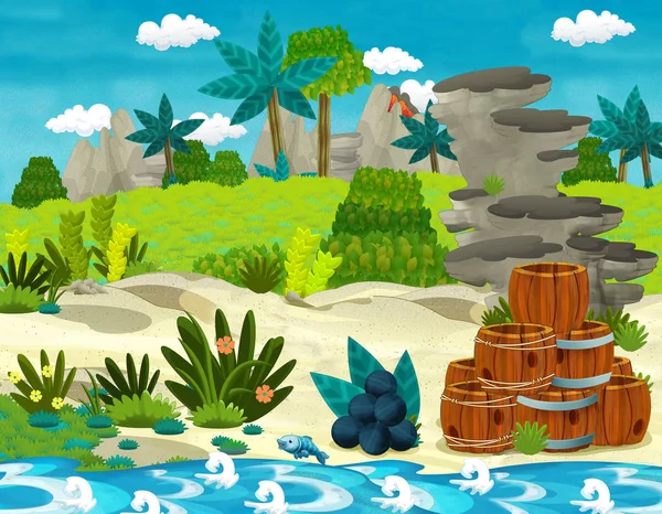 伝統的な木樽といくつかの熱帯の島 子供のための図のキャノン ボール ビーチの海岸と漫画のシーン — ストック写真