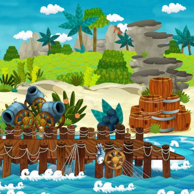 plaj sahil ahşap geleneksel varil ve top ve top Top tropik bir adada - illüstrasyon çocuklar için çizgi film sahne