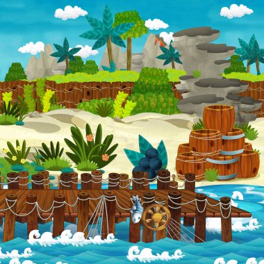 plaj sahil ahşap geleneksel varil ve top Top tropik bir adada - illüstrasyon çocuklar için çizgi film sahne