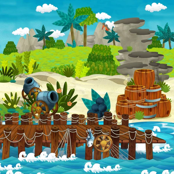 动画片场面与海滩海岸与木传统桶和大炮和大炮球在一些热带海岛 例证为孩子 — 图库照片
