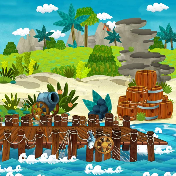Escena Dibujos Animados Con Playa Orilla Con Barriles Tradicionales Madera —  Fotos de Stock