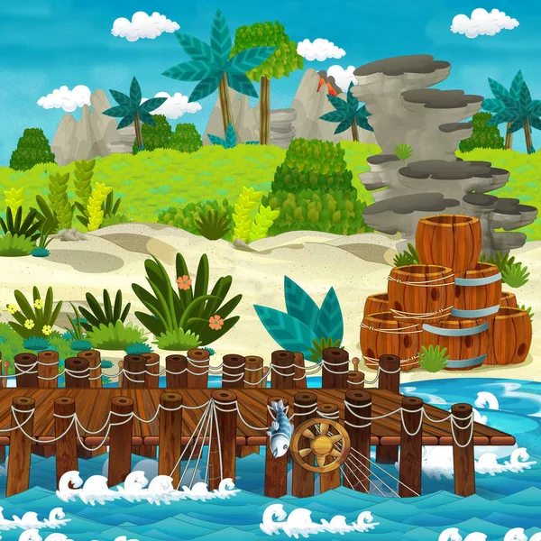 Kreslený Scény Beach Pobřeží Tradiční Dřevu Nějakém Tropickém Ostrově Ilustrace — Stock fotografie