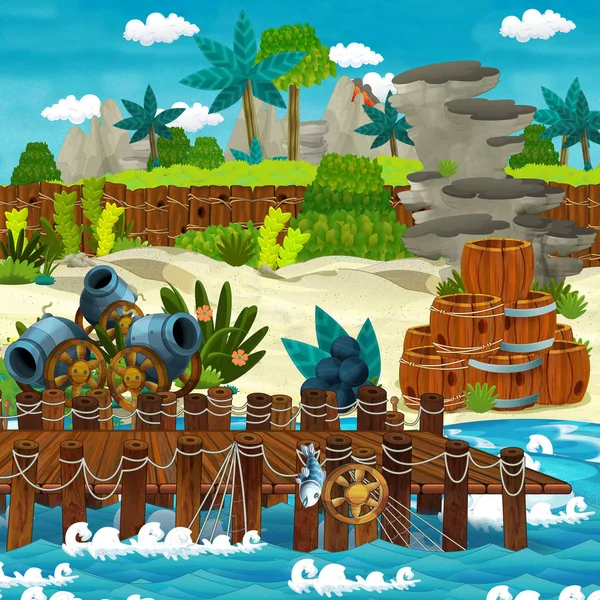 动画片场面与海滩海岸与木传统桶和大炮和大炮球在一些热带海岛 例证为孩子 — 图库照片