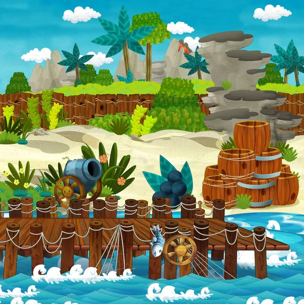 cartoon scene with beach shore with wooden traditional barrels and cannon and cannon balls on some tropical island - illustration for children