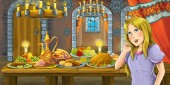 Kreslené pohádky scéna s princeznou stůl plný jídla - ilustrace pro děti